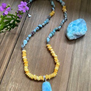 Baltic Amber Larimar Necklace 925 Sterling Silver